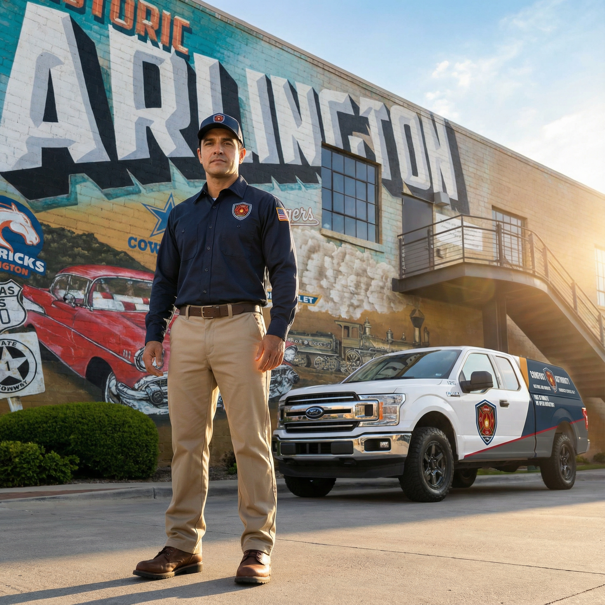 Comfort Authority team member in front of an Arlington mural