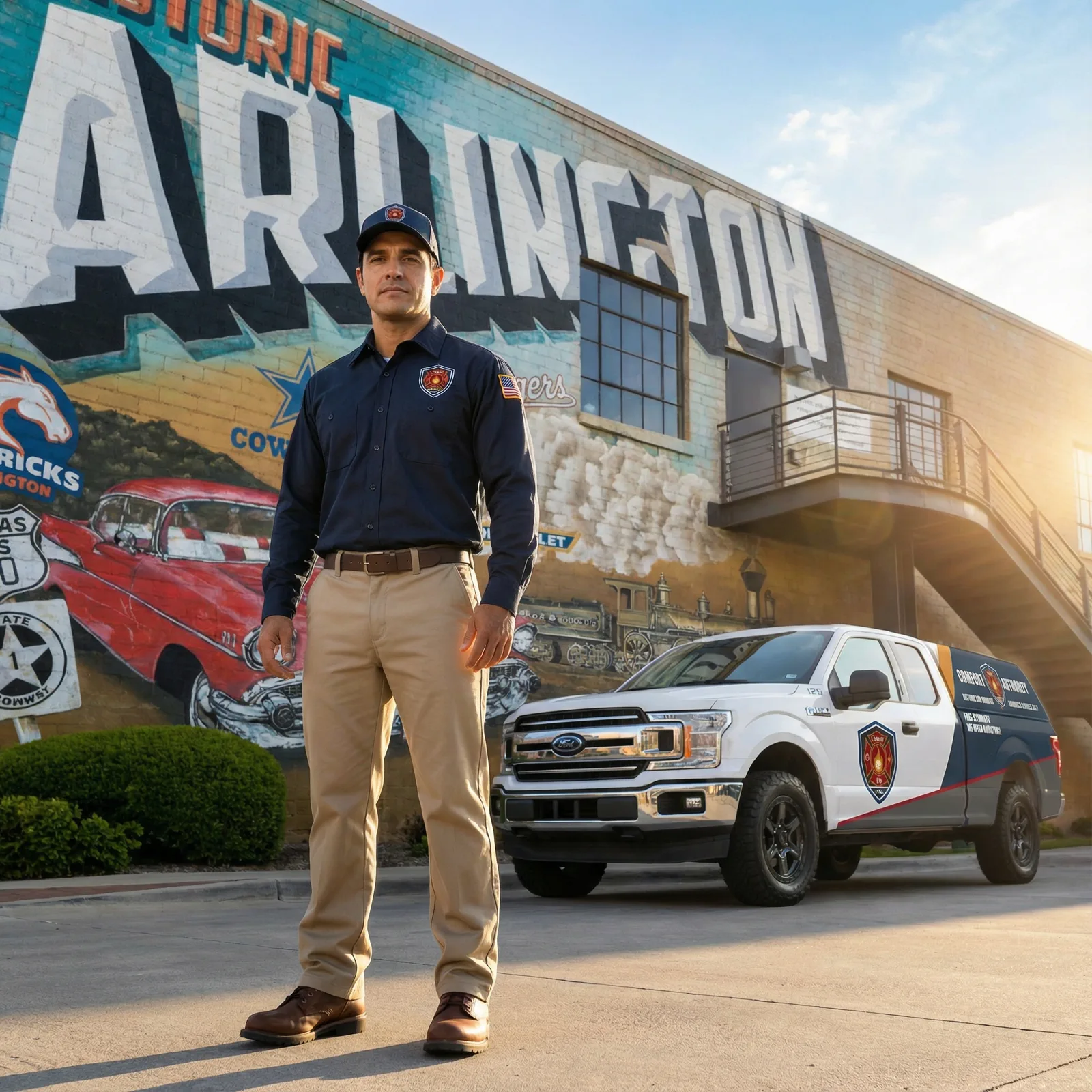 Comfort Authority team member in front of an Arlington mural