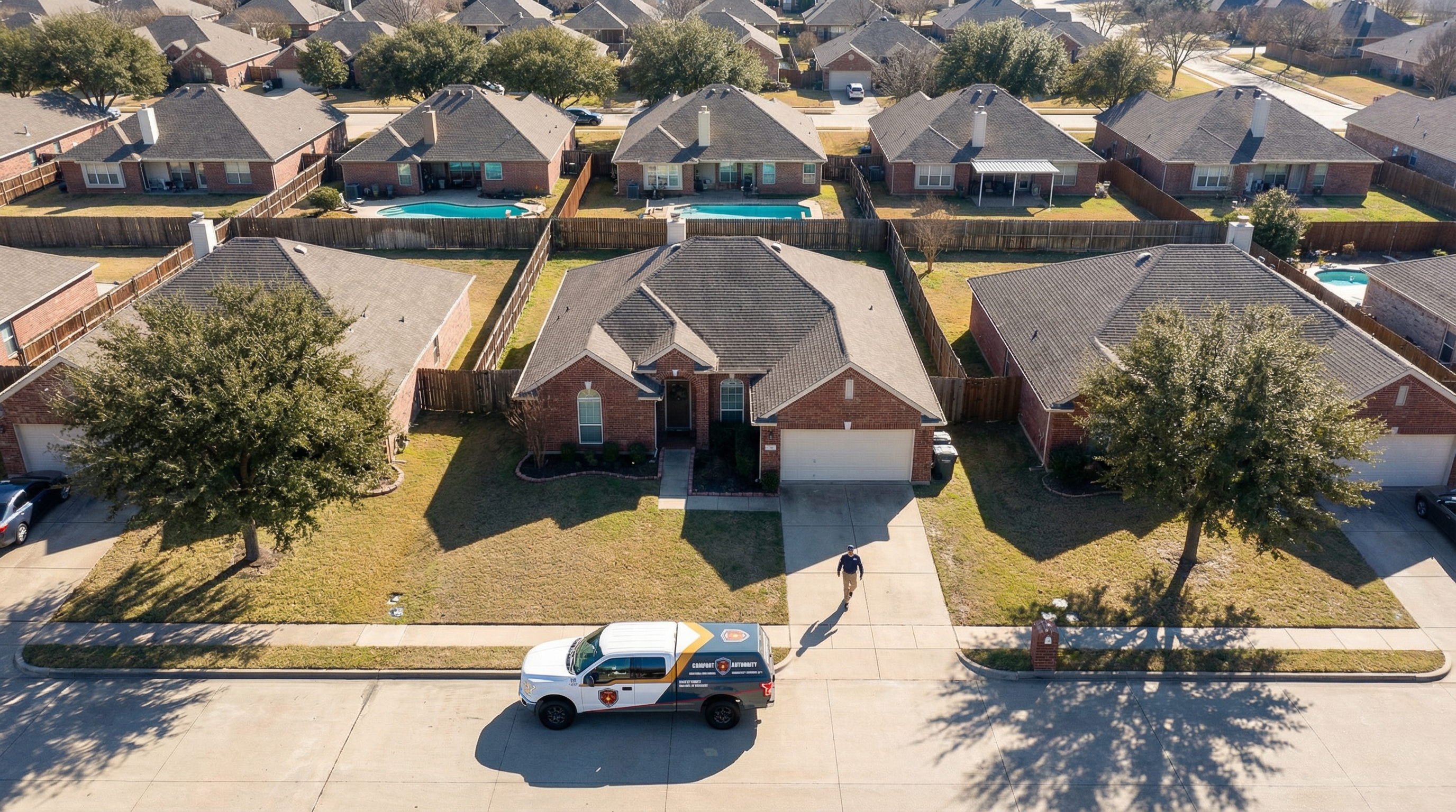Aerial view of Comfort Authority service truck in suburban neighborhood
