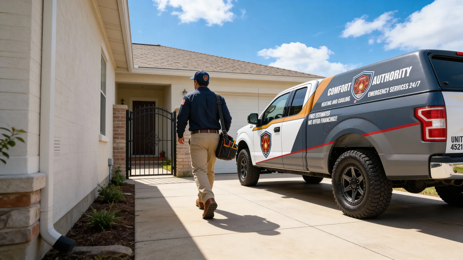 HVAC technician approaching customer home