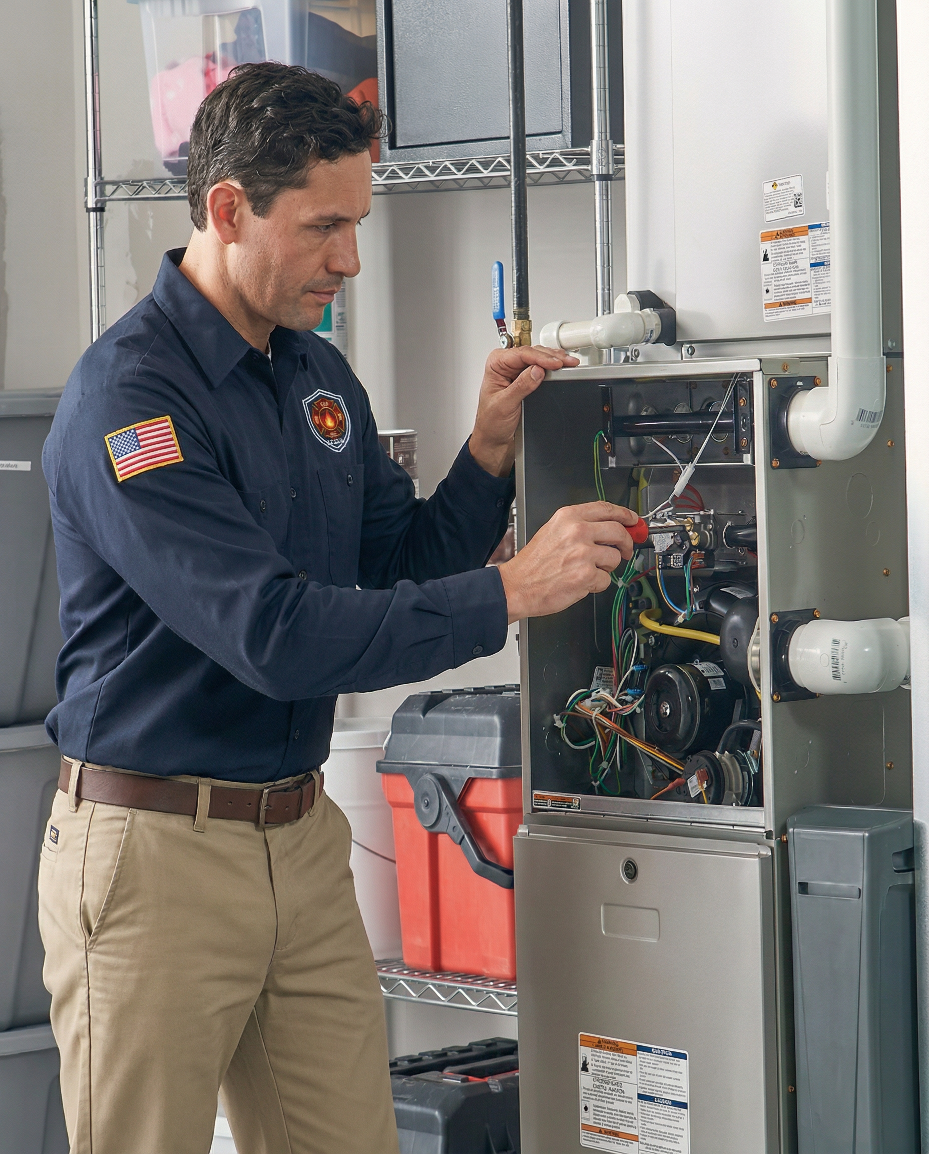 Technician installing thermostat controls