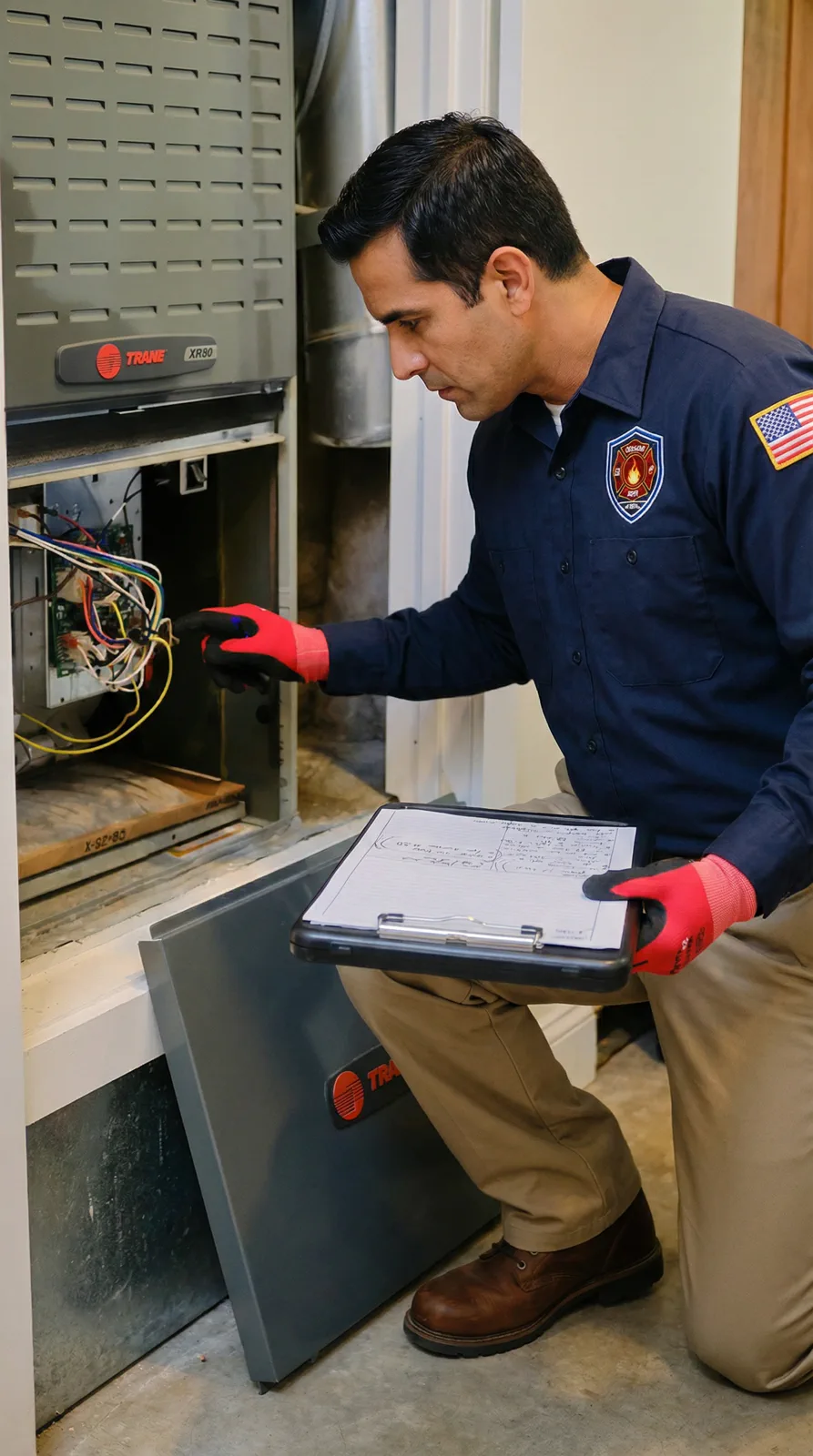 HVAC technician performing furnace inspection