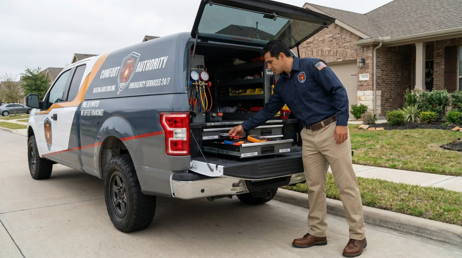 Service technician preparing tools for HVAC service
